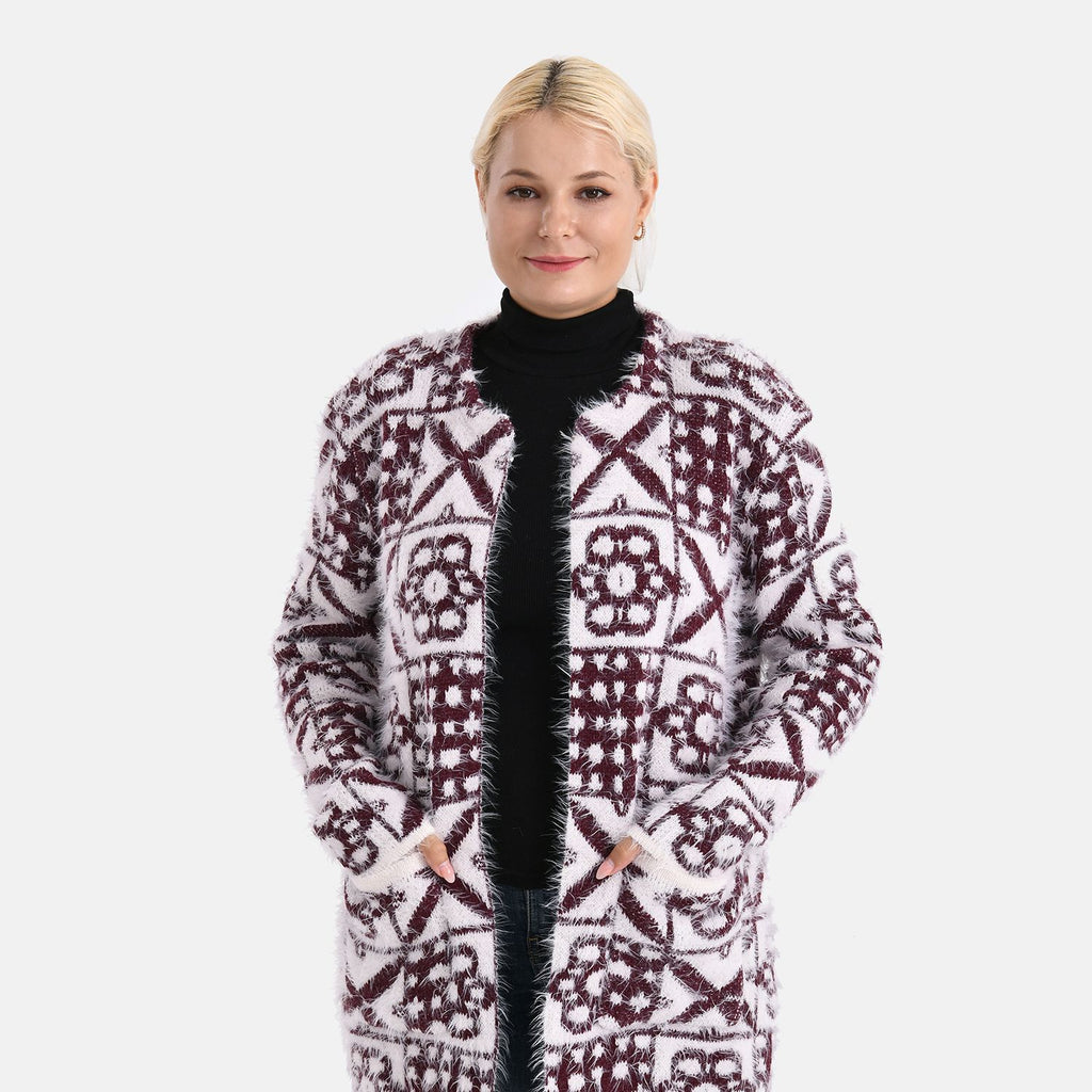 Gemusterter Cardigan mit Taschen, Einheitsgröße, Retro-Muster, Weinrot