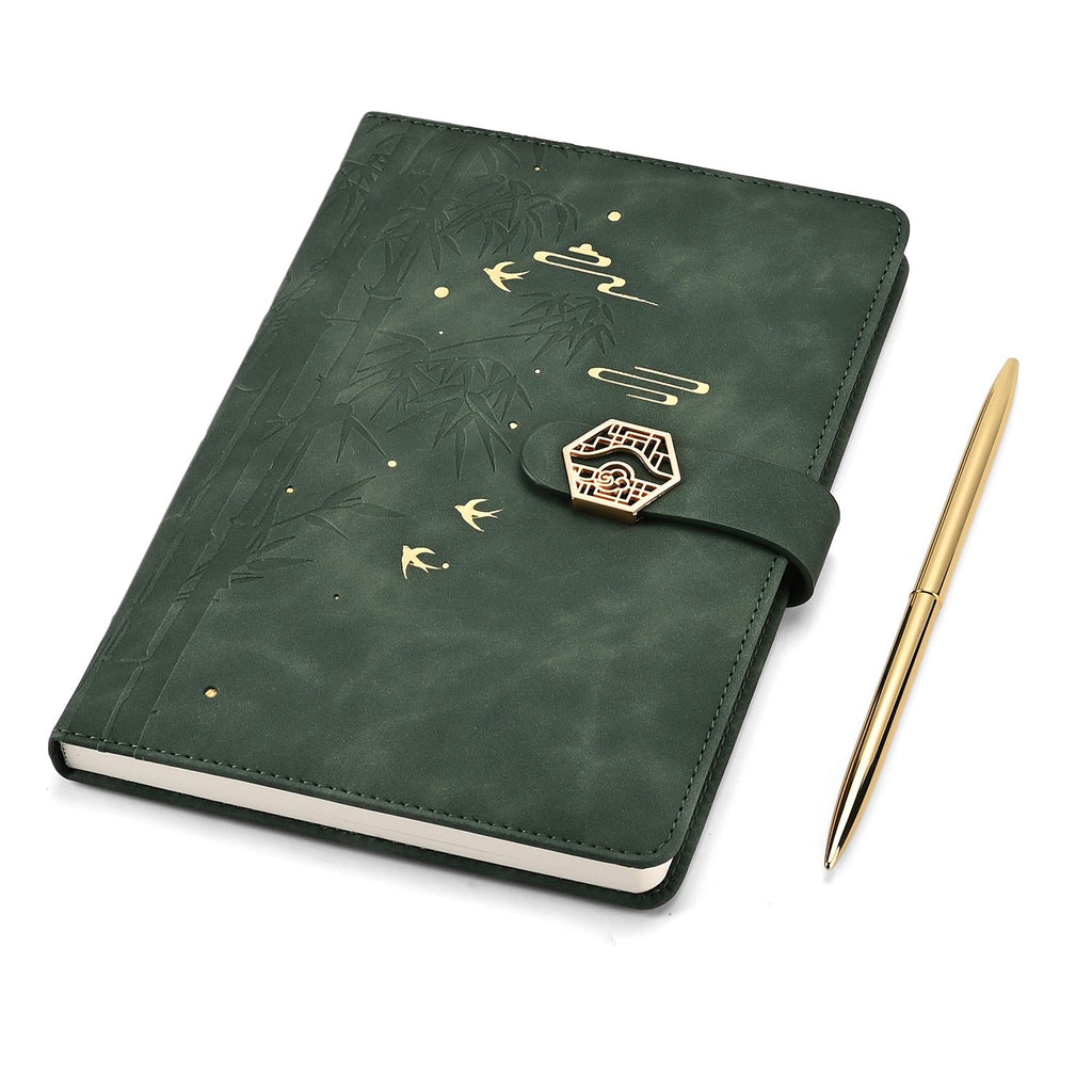 LIVMORE - 2er Set A5 Notizbuch mit Stift Umschlag mit Magnetverschluss Motiv Bambus Nationaler Landschaftsstil Grün