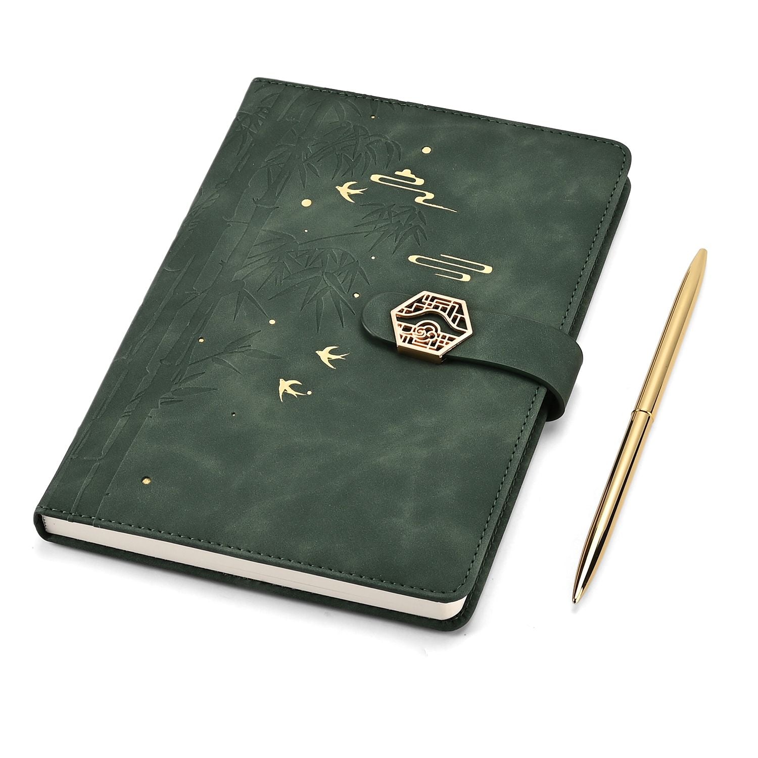 LIVMORE - 2er Set A5 Notizbuch mit Stift Umschlag mit Magnetverschluss Motiv Bambus Nationaler Landschaftsstil Grün