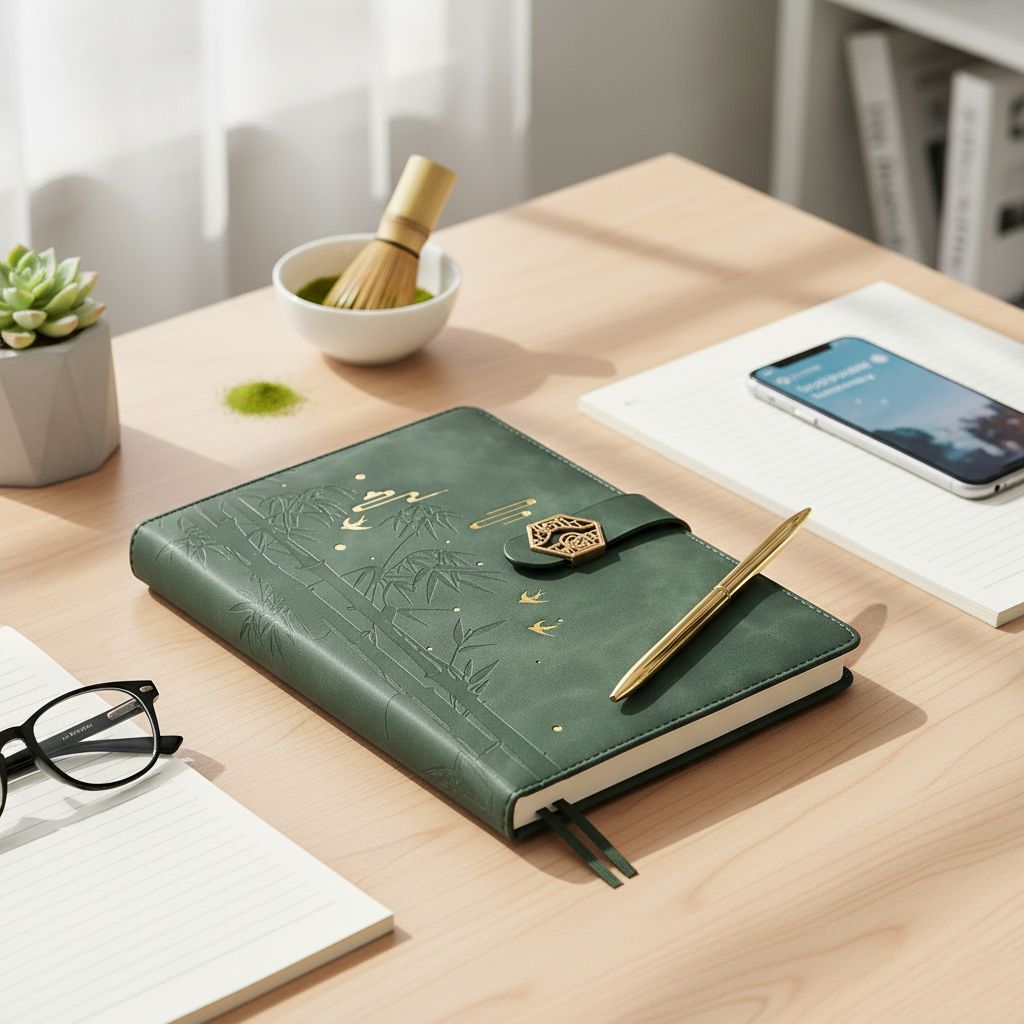 LIVMORE - 2er Set A5 Notizbuch mit Stift Umschlag mit Magnetverschluss Motiv Bambus Nationaler Landschaftsstil Grün
