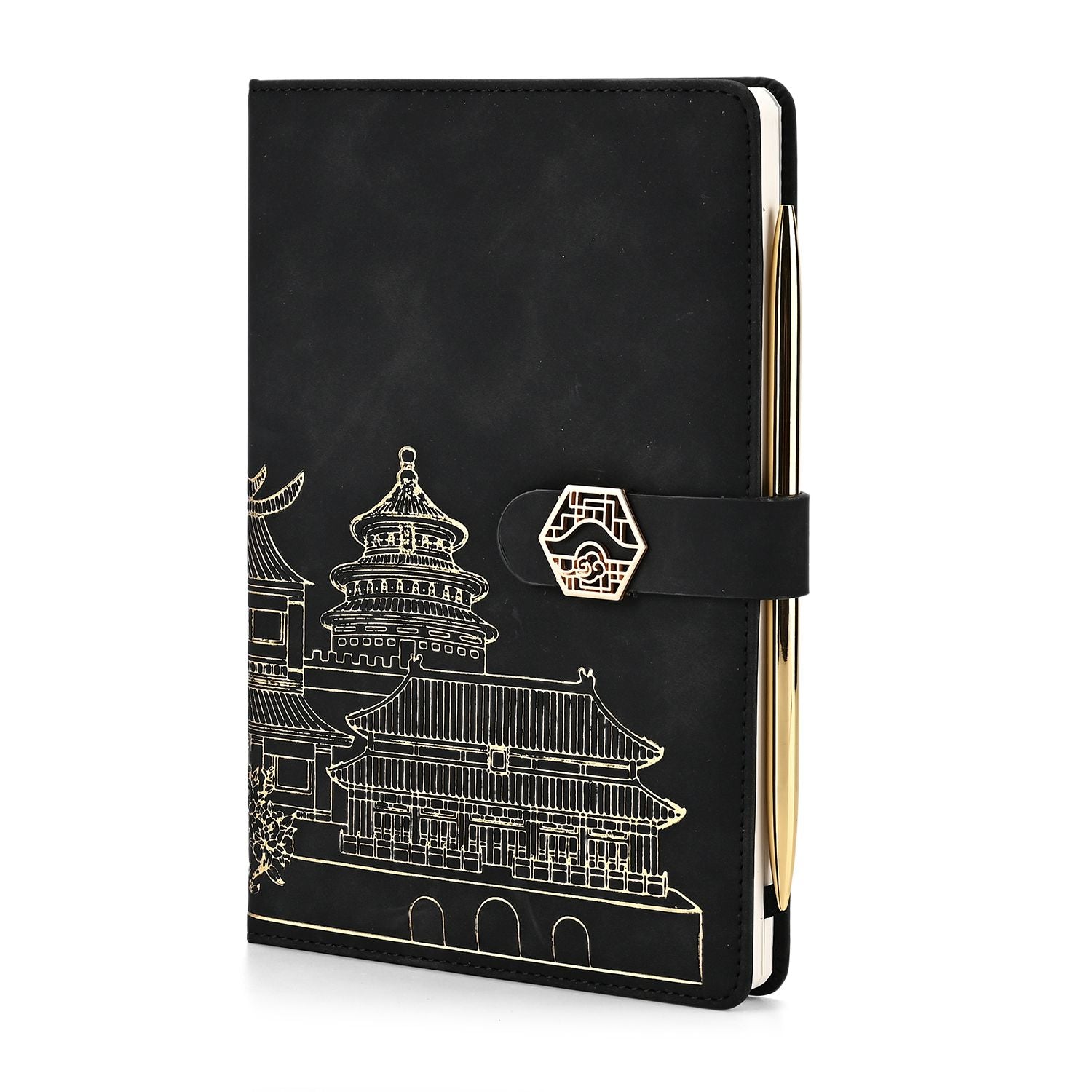 LIVMORE - 2er Set A5 Notizbuch mit Stift Umschlag mit Magnetverschluss Motiv Himmelstempel Nationaler Landschaftsstil Schwarz