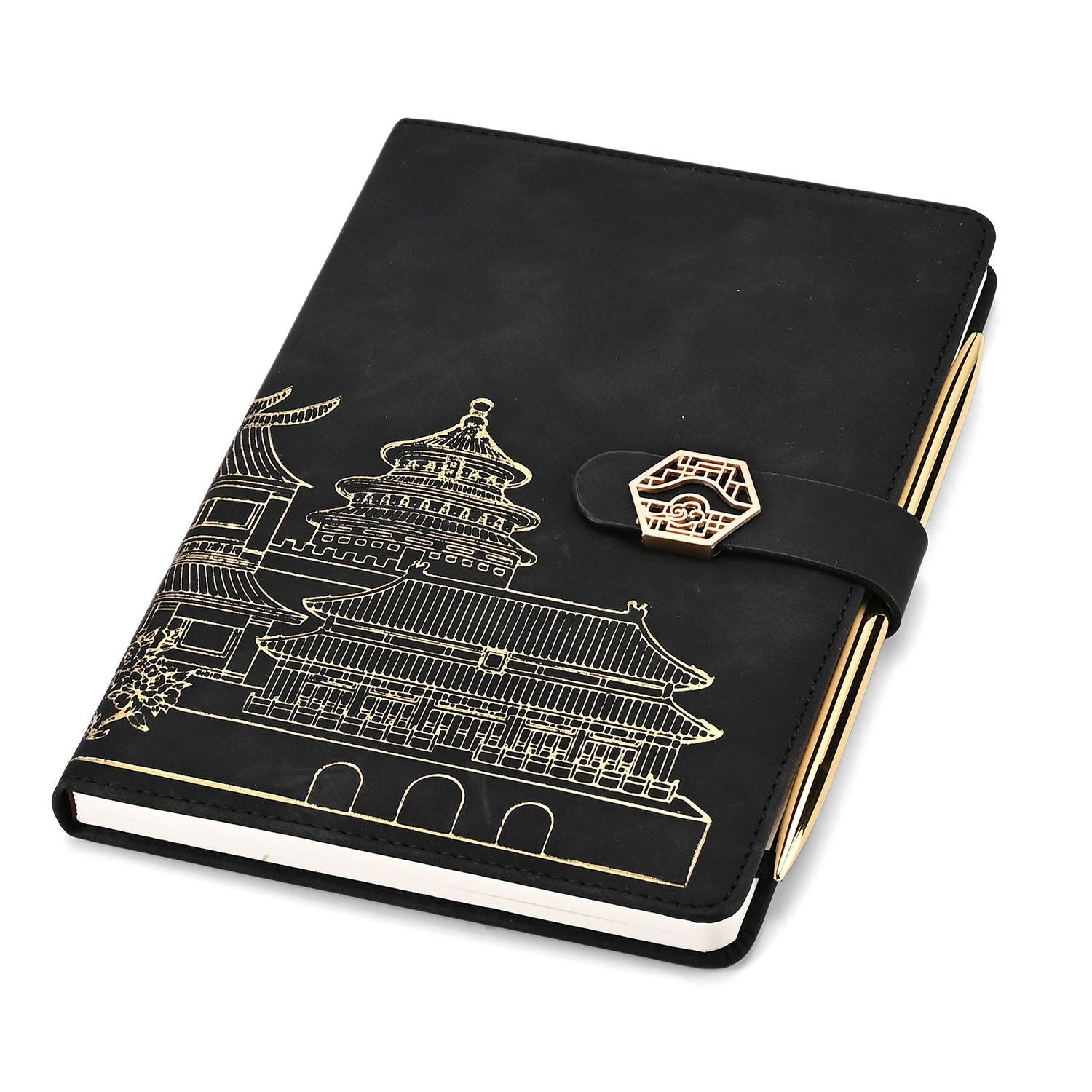 LIVMORE - 2er Set A5 Notizbuch mit Stift Umschlag mit Magnetverschluss Motiv Himmelstempel Nationaler Landschaftsstil Schwarz