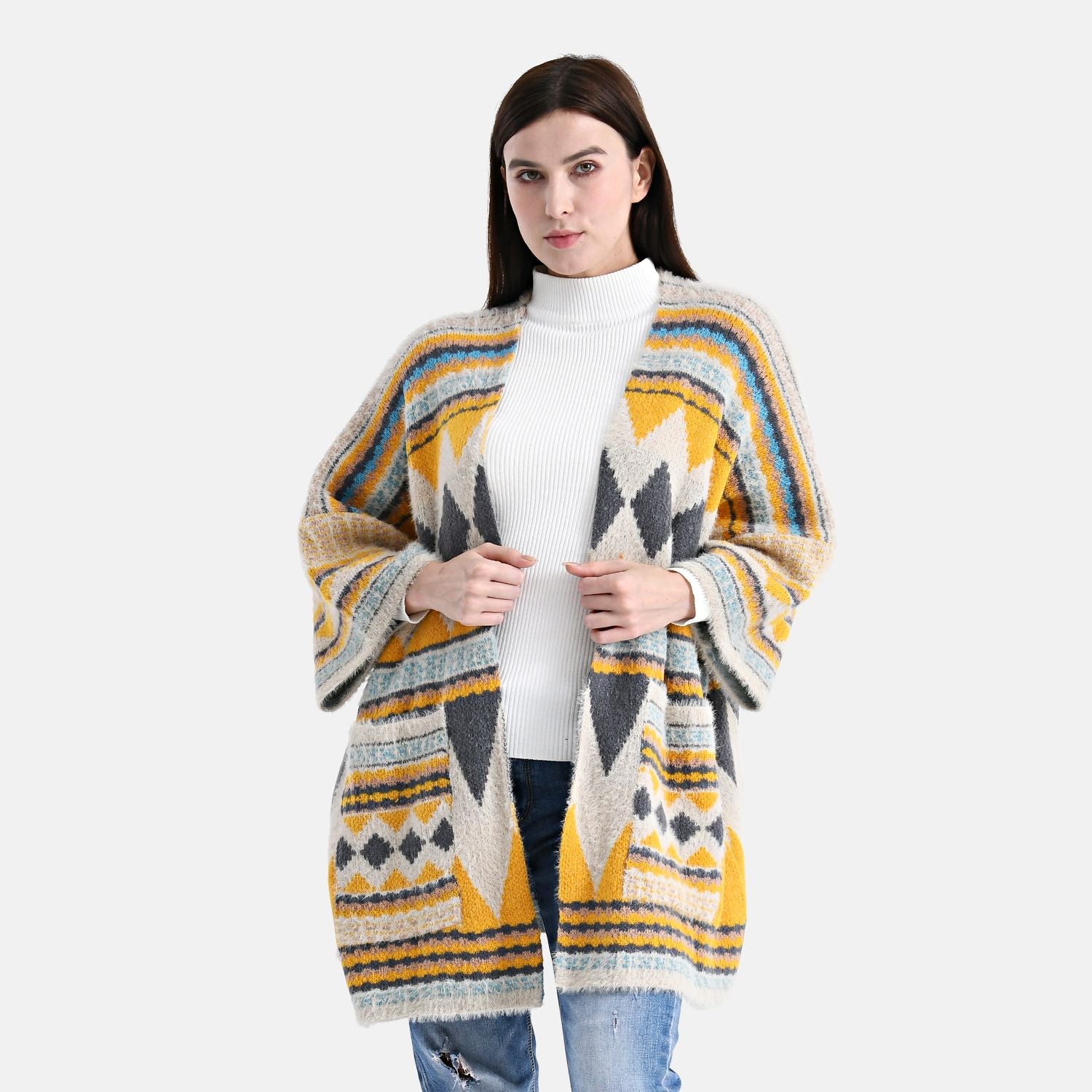 Cardigan mit grafischem Rautenmuster und Taschen, One Size, 73x80 cm, Sonnengelb