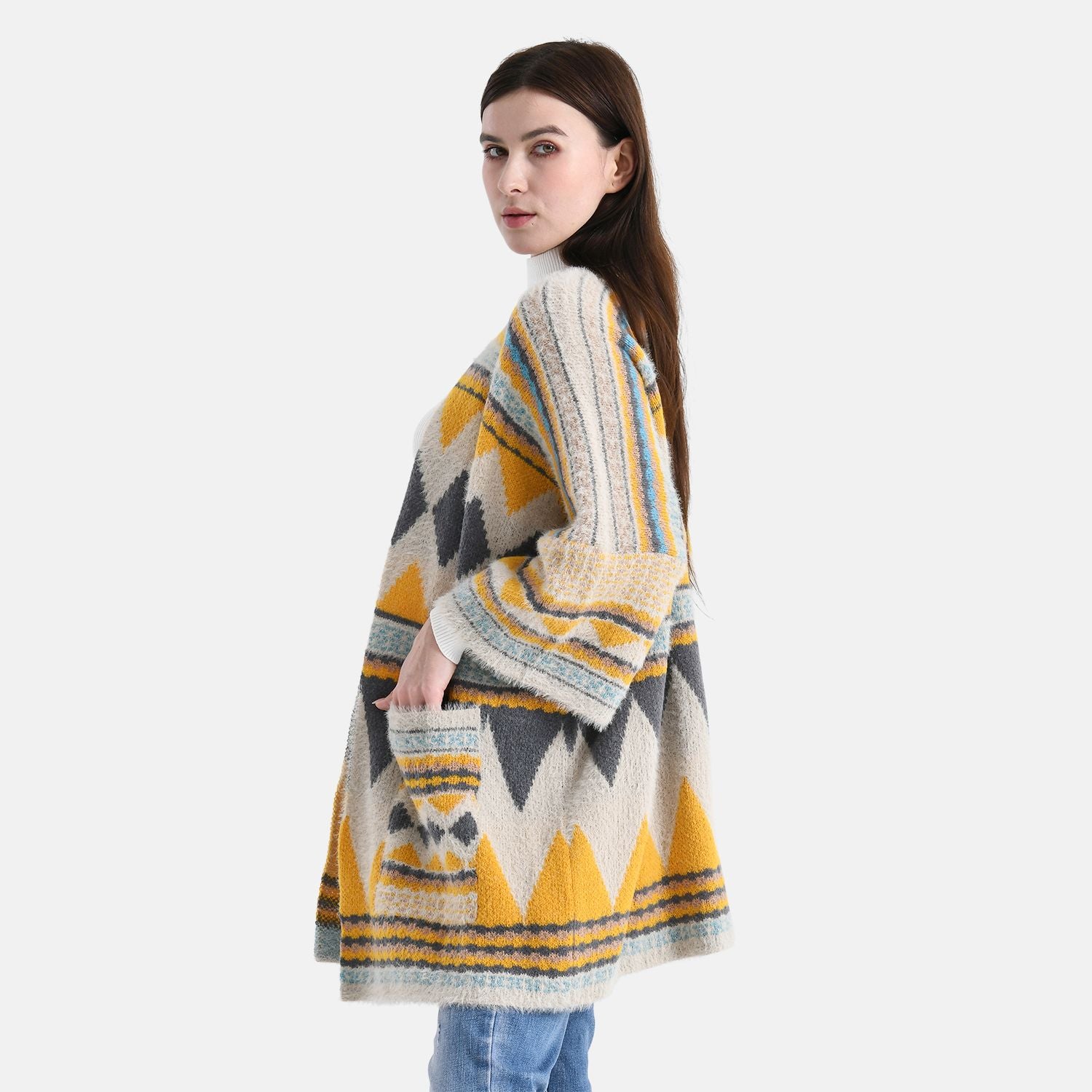 Cardigan mit grafischem Rautenmuster und Taschen, One Size, 73x80 cm, Sonnengelb