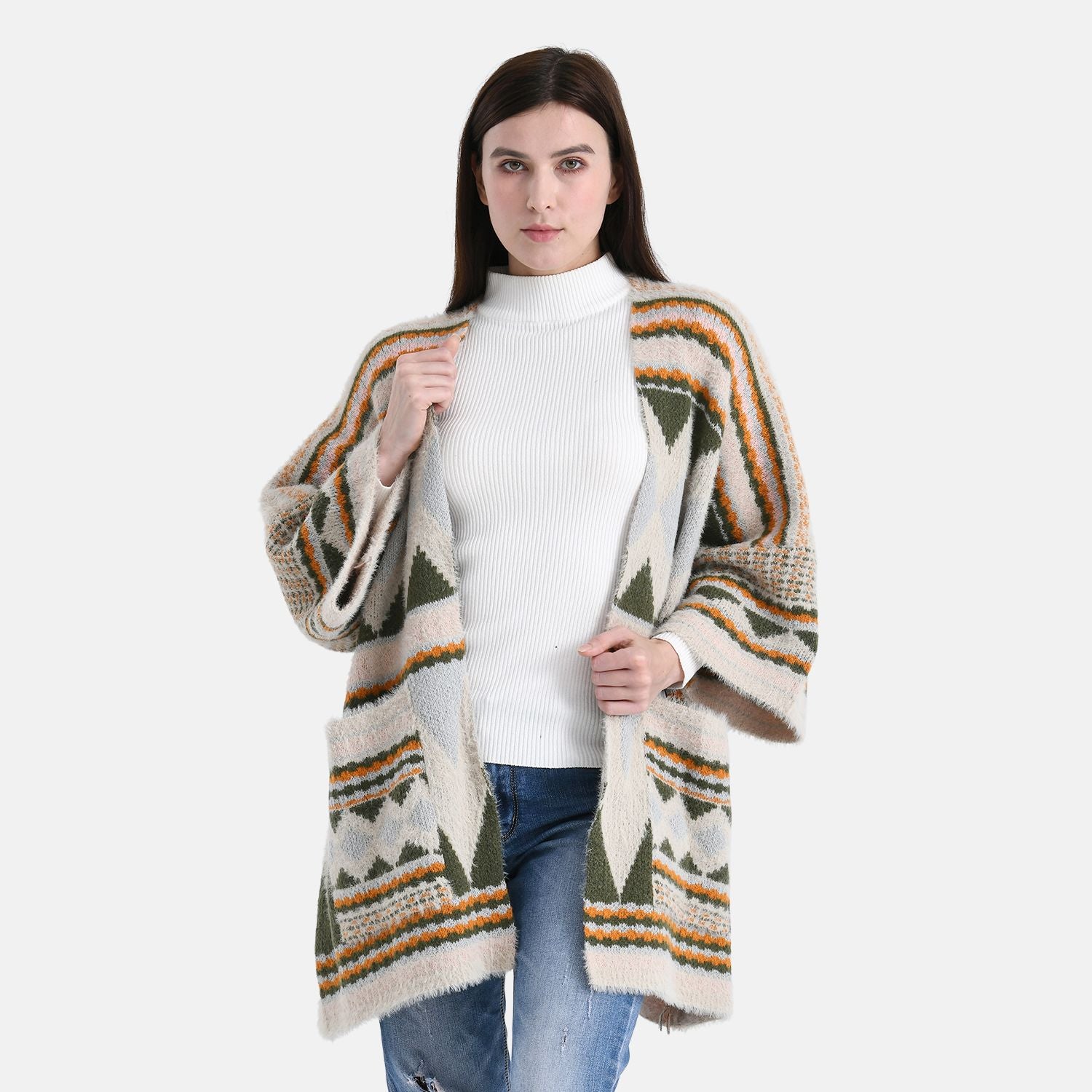 Cardigan mit grafischem Rautenmuster und Taschen, One Size, 73x80 cm, Moosgrün