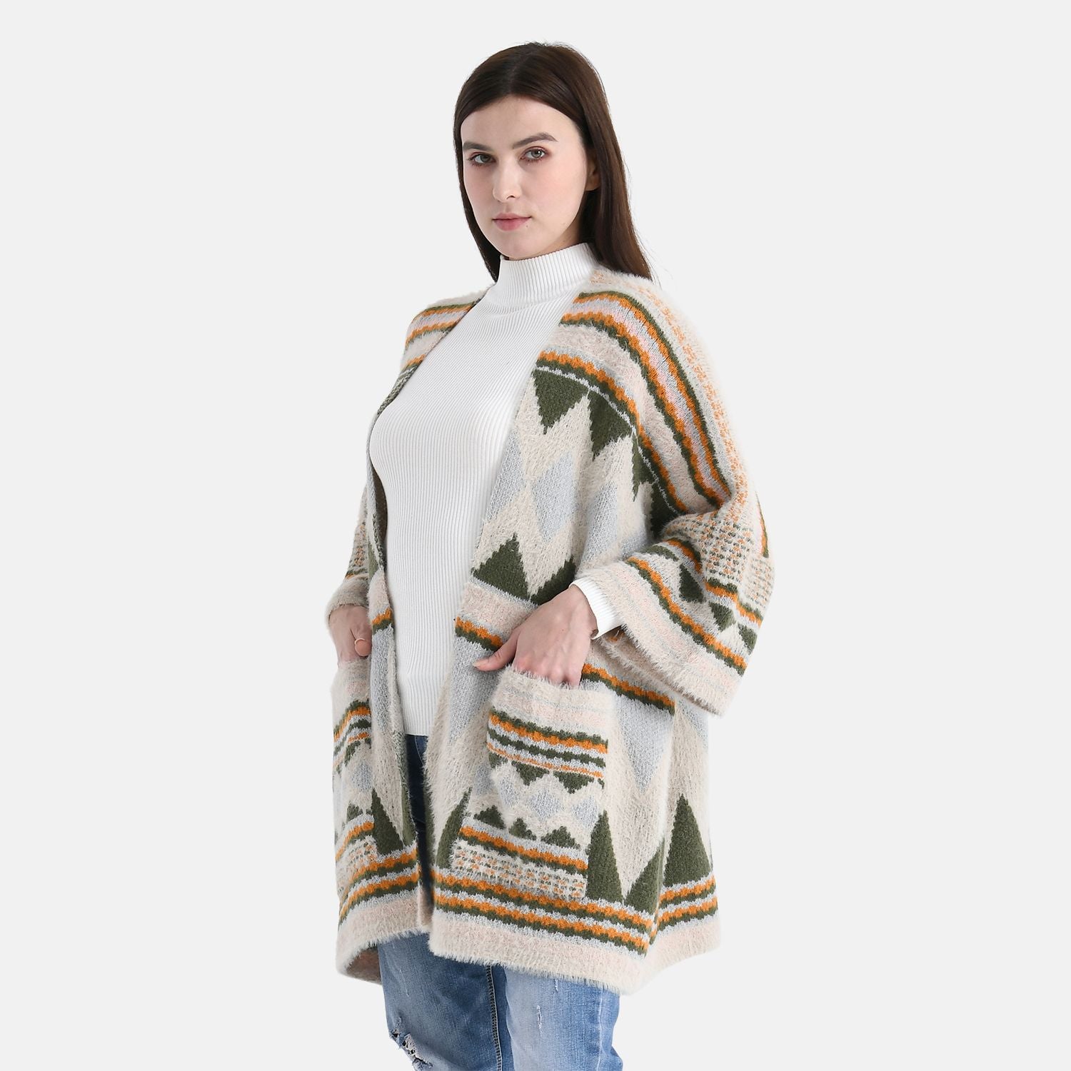Cardigan mit grafischem Rautenmuster und Taschen, One Size, 73x80 cm, Moosgrün