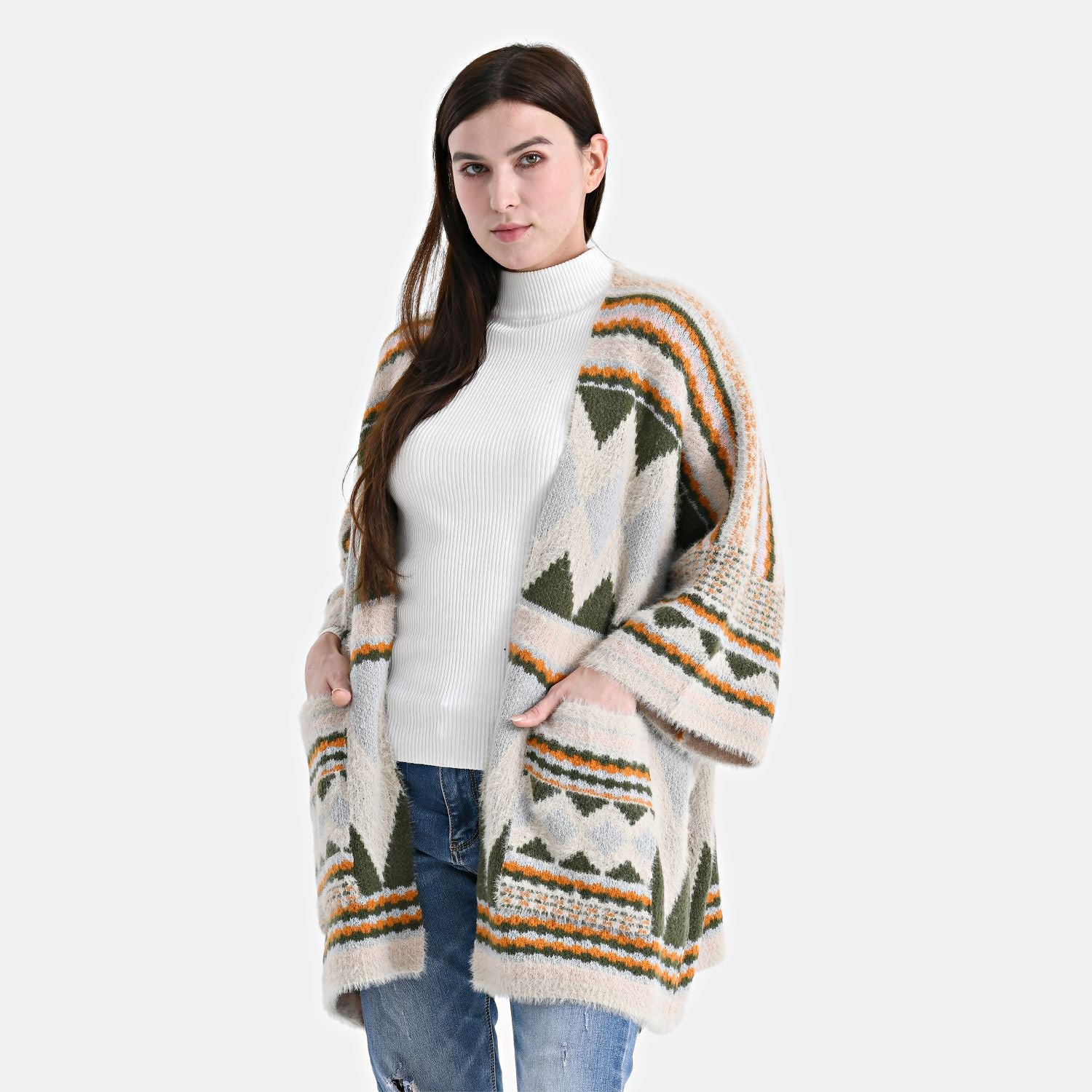 Cardigan mit grafischem Rautenmuster und Taschen, One Size, 73x80 cm, Moosgrün