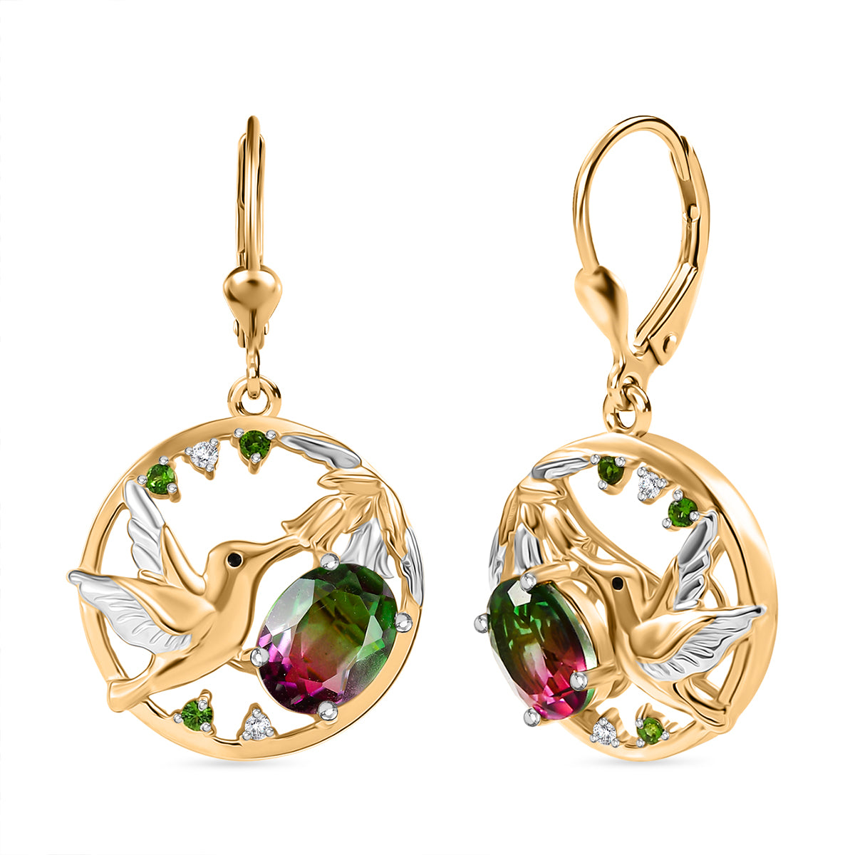 Nature's Kiss - D joy Wassermelonen Quarz Triplette, Natürlicher Chromdiopsid Ohrringe 925 Silber platiniert und vergoldet ca. 2,78 ct.