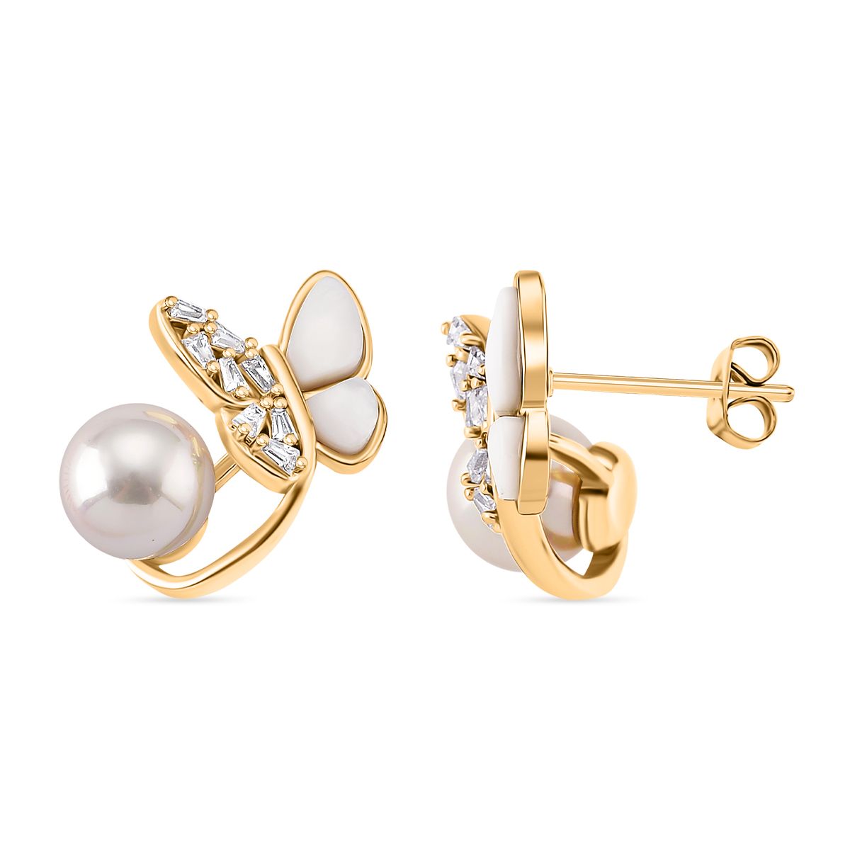 Weiße Muschelkernperle (5-9mm), weiße Perlmutt und Zirkonia Ohrringe, Messing
