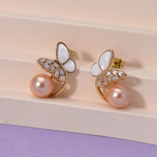 Pfirsich Muschelkernperle (5-9mm), weiße Perlmutt und Zirkonia Ohrringe, Messing