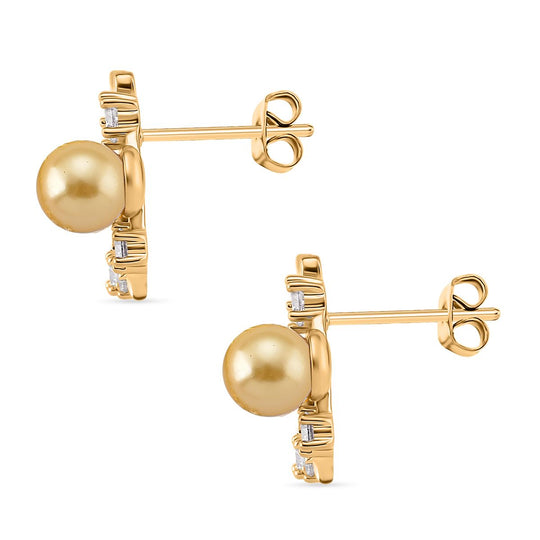 Goldene Muschelkernperle (5-7 mm), weiße Perlmutt und Zirkonia Ohrringe, Messing