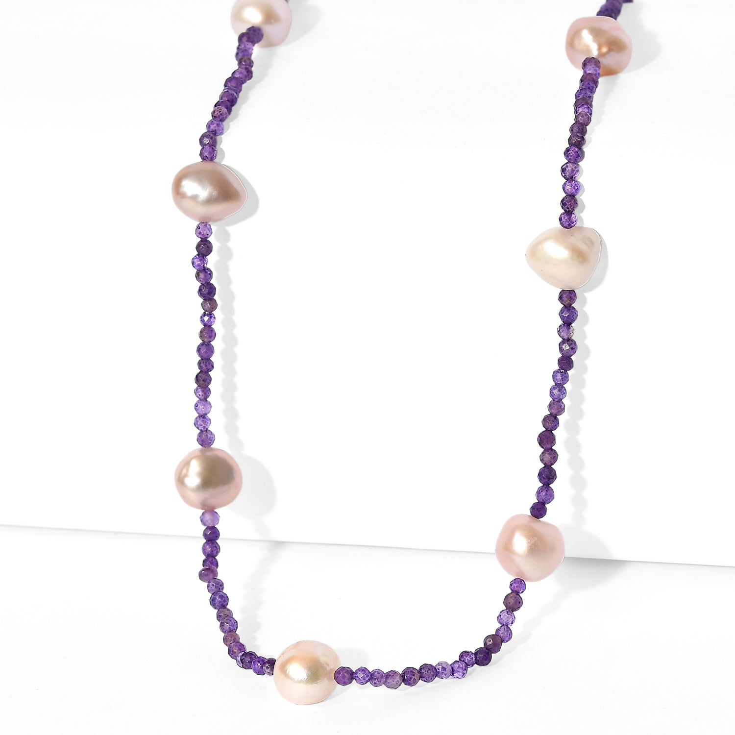 AA Mehrfarbige Süßwasser Perle, Afrikanischer Amethyst Halskette ca. 60 cm 925 Silber Rhodiniert 65.00 ct