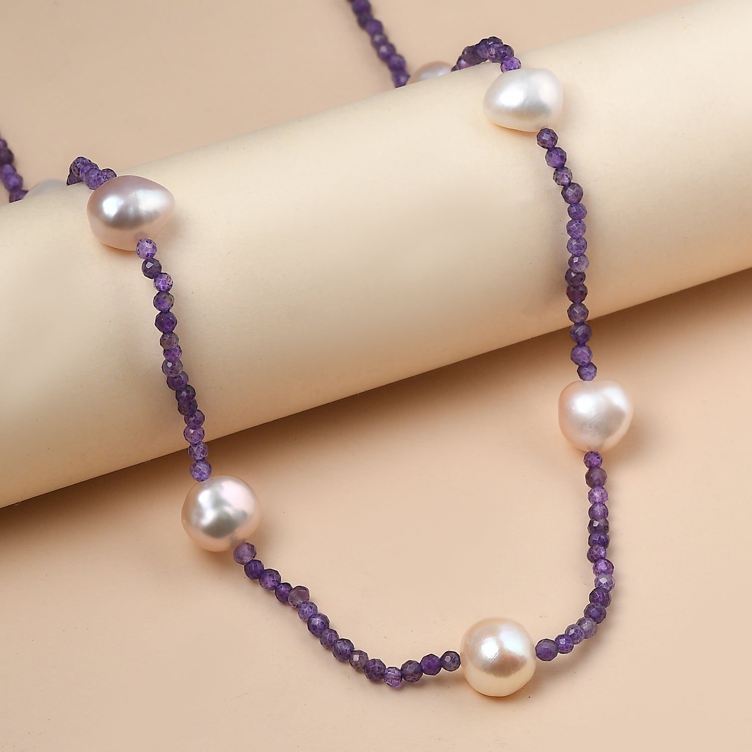 AA Mehrfarbige Süßwasser Perle, Afrikanischer Amethyst Halskette ca. 60 cm 925 Silber Rhodiniert 65.00 ct