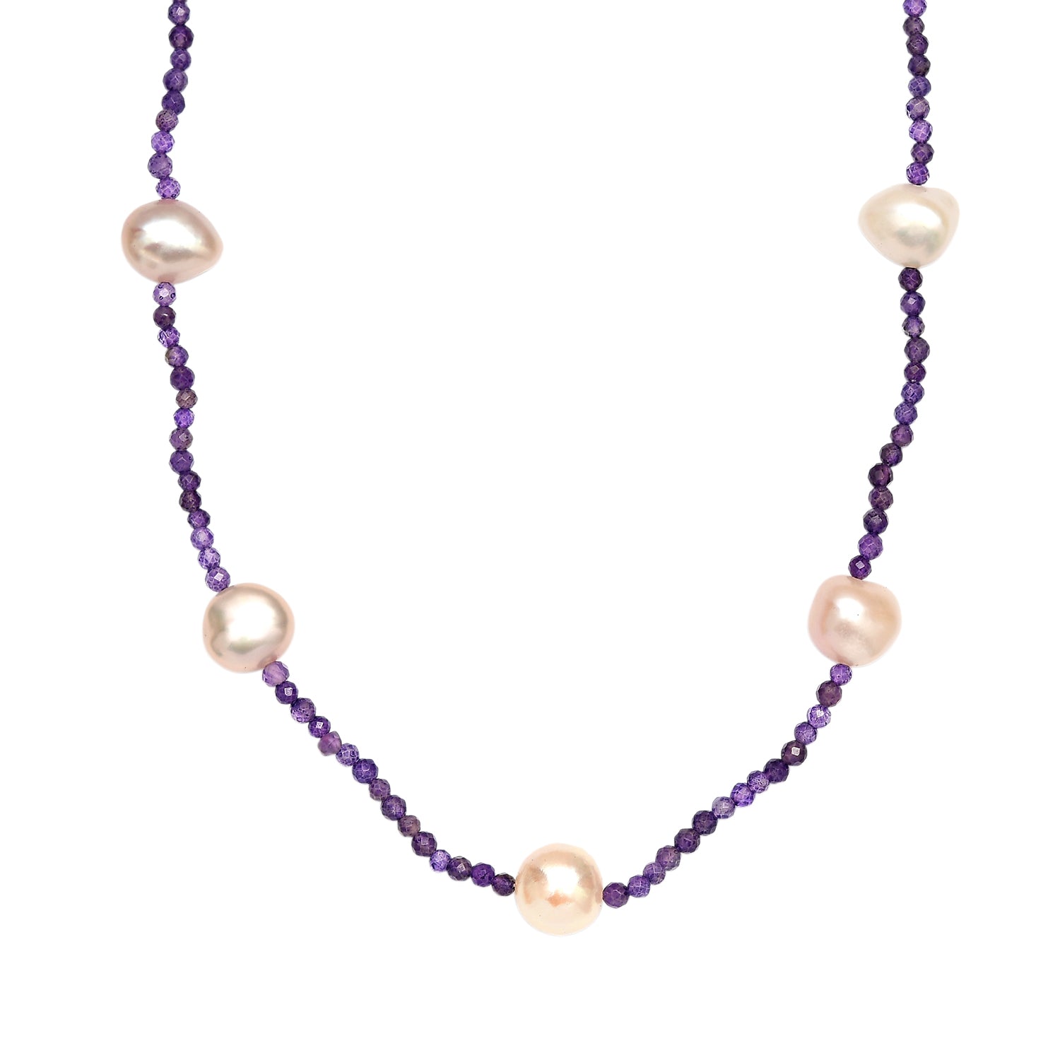 AA Mehrfarbige Süßwasser Perle, Afrikanischer Amethyst Halskette ca. 60 cm 925 Silber Rhodiniert 65.00 ct