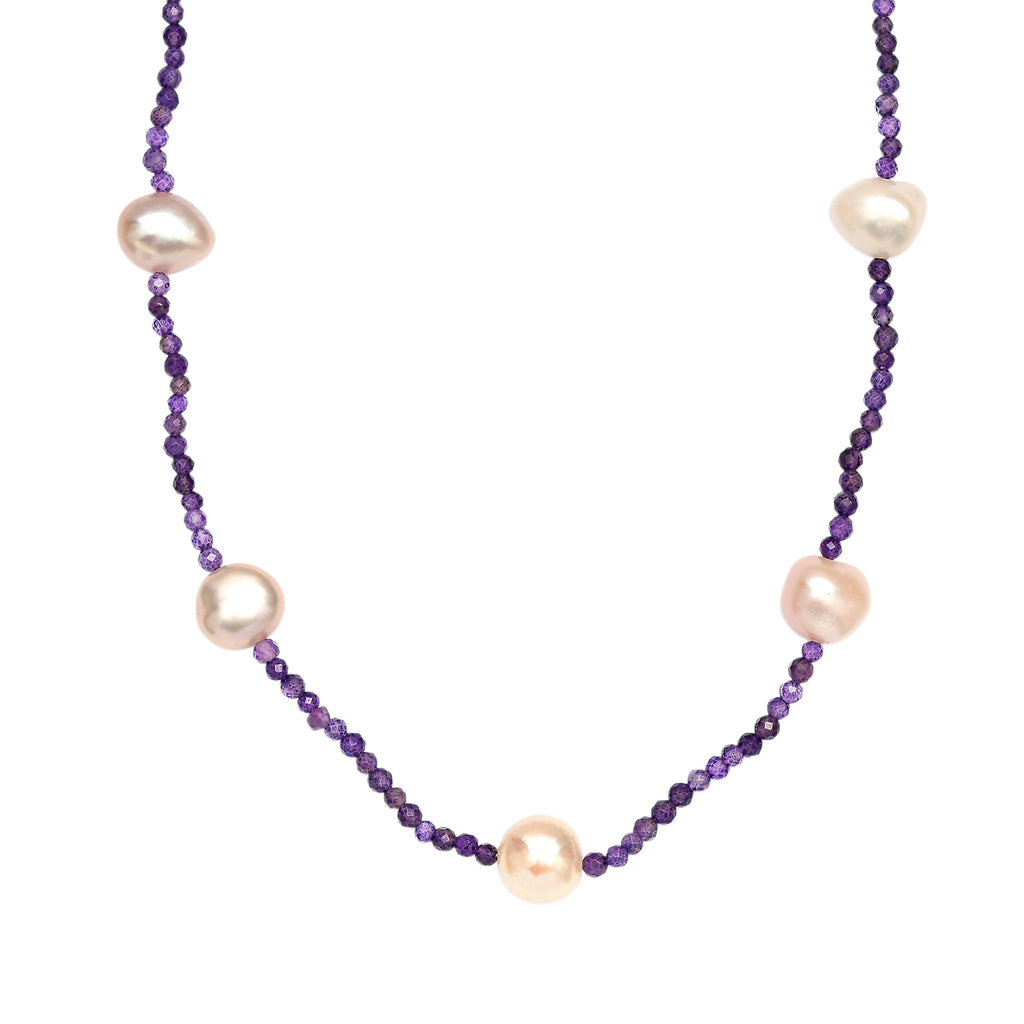 AA Mehrfarbige Süßwasser Perle, Afrikanischer Amethyst Halskette ca. 60 cm 925 Silber Rhodiniert 65.00 ct