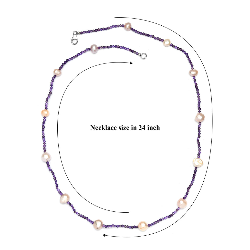 AA Mehrfarbige Süßwasser Perle, Afrikanischer Amethyst Halskette ca. 60 cm 925 Silber Rhodiniert 65.00 ct
