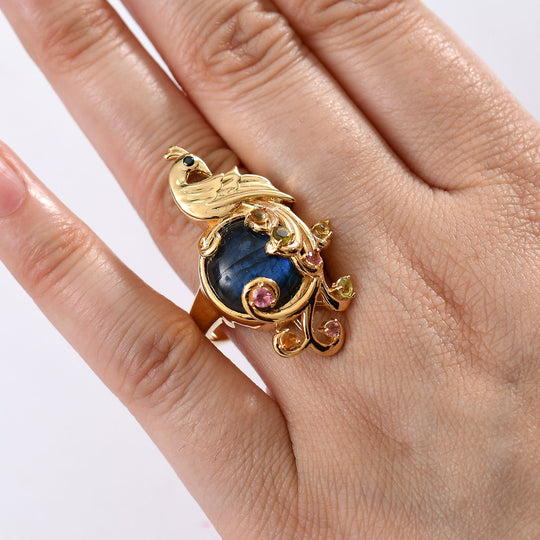 Labradorit, Mehrfarbiger-Turmalin Ring, Nickelfreies Messing, (Größe 19.00) ca. 11.00 ct