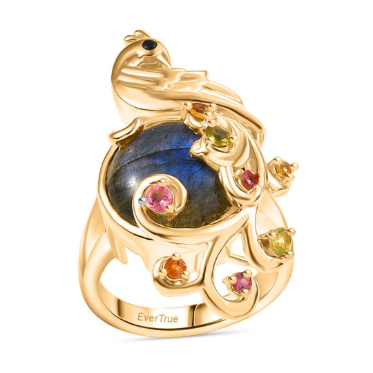 Labradorit, Mehrfarbiger-Turmalin Ring, Nickelfreies Messing, (Größe 19.00) ca. 11.00 ct