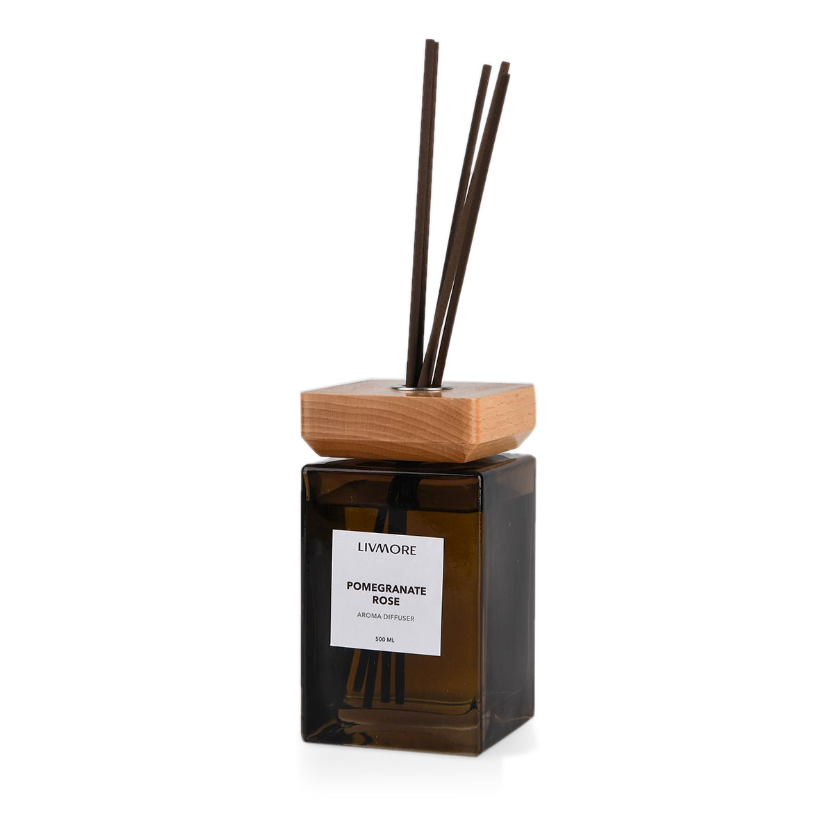 LIVMORE Home Fragrance Kollektion - Raumduft Diffuser, 500ml, Teeglas braun mit Holzdeckel und 8 Stäbchen, Duft Granatapfel-Rose, 8.3x8,3x14,5cm