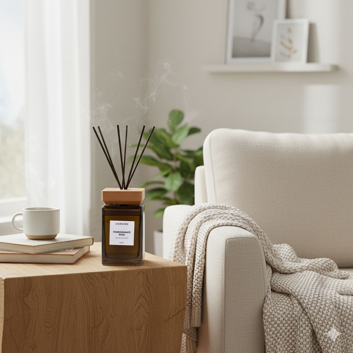 LIVMORE Home Fragrance Kollektion - Raumduft Diffuser, 500ml, Teeglas braun mit Holzdeckel und 8 Stäbchen, Duft Granatapfel-Rose, 8.3x8,3x14,5cm