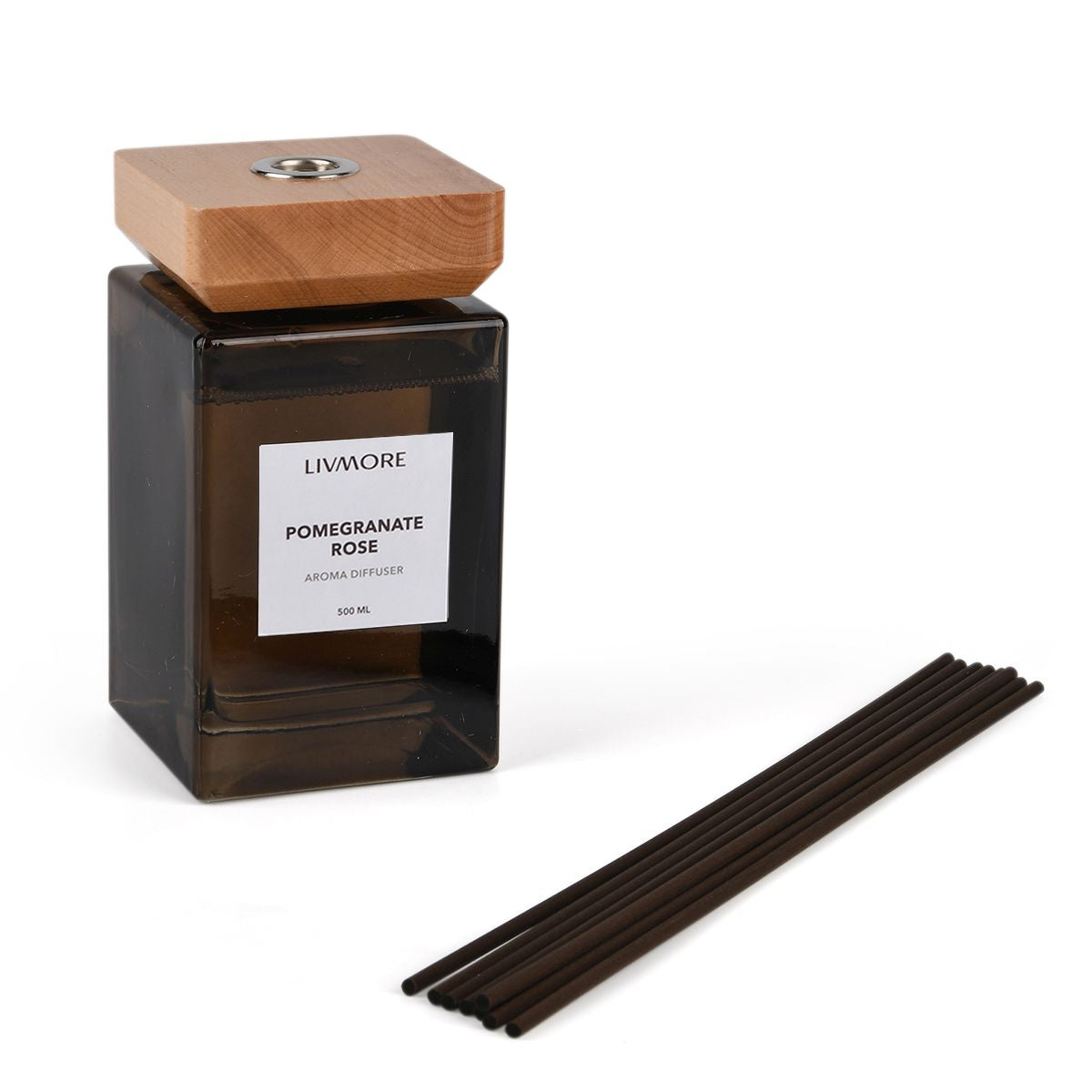 LIVMORE Home Fragrance Kollektion - Raumduft Diffuser, 500ml, Teeglas braun mit Holzdeckel und 8 Stäbchen, Duft Granatapfel-Rose, 8.3x8,3x14,5cm