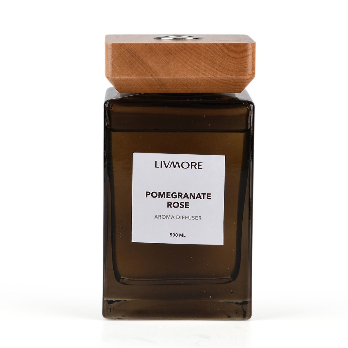 LIVMORE Home Fragrance Kollektion - Raumduft Diffuser, 500ml, Teeglas braun mit Holzdeckel und 8 Stäbchen, Duft Granatapfel-Rose, 8.3x8,3x14,5cm