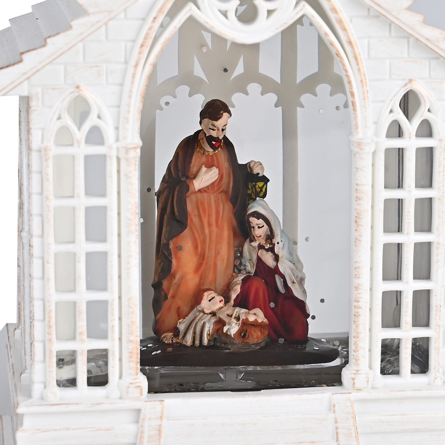 Weihnachts Deko Heilige Familie, warmweißes LED, 2 Weihnachtsmelodien, 11 x 7.8 x 23 cm, Weiß, Batteriebetrieb 3 x AAA nicht enthalten