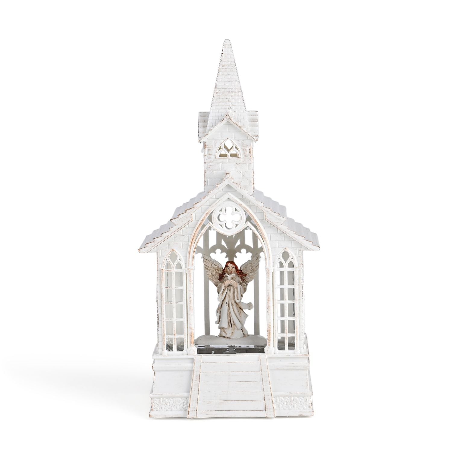 Weihnachts Deko Wasser Lampe Kirche Engel, warmweißes LED, 2 Weihnachtsmelodien, 11 x 7.8 x 23 cm, Weiß, Batteriebetrieb 3 x AAA nicht enthalten