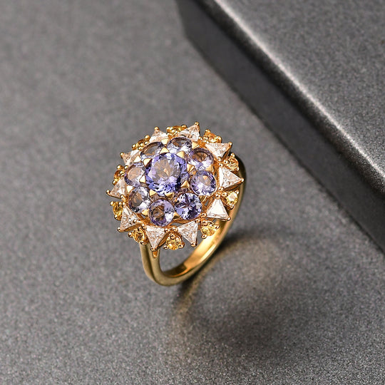 DJoy Tansanit, Moissanit und Gelber Saphir Ring 925 Silber 750 Gelbgold Vermeil (Größe 17.00) ca. 3.47 ct