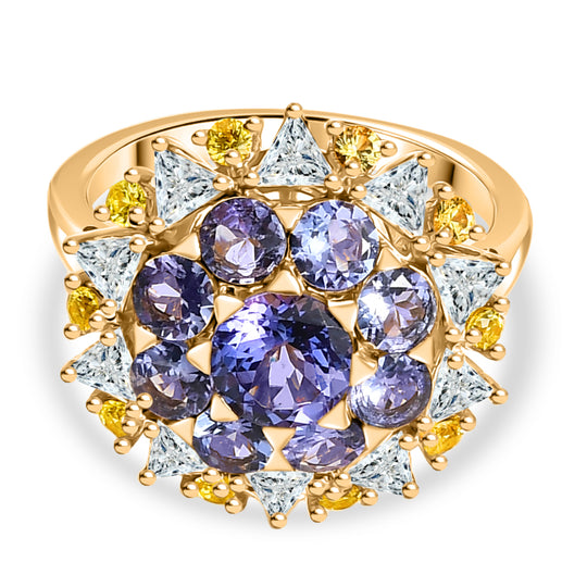 DJoy Tansanit, Moissanit und Gelber Saphir Ring 925 Silber 750 Gelbgold Vermeil (Größe 17.00) ca. 3.47 ct