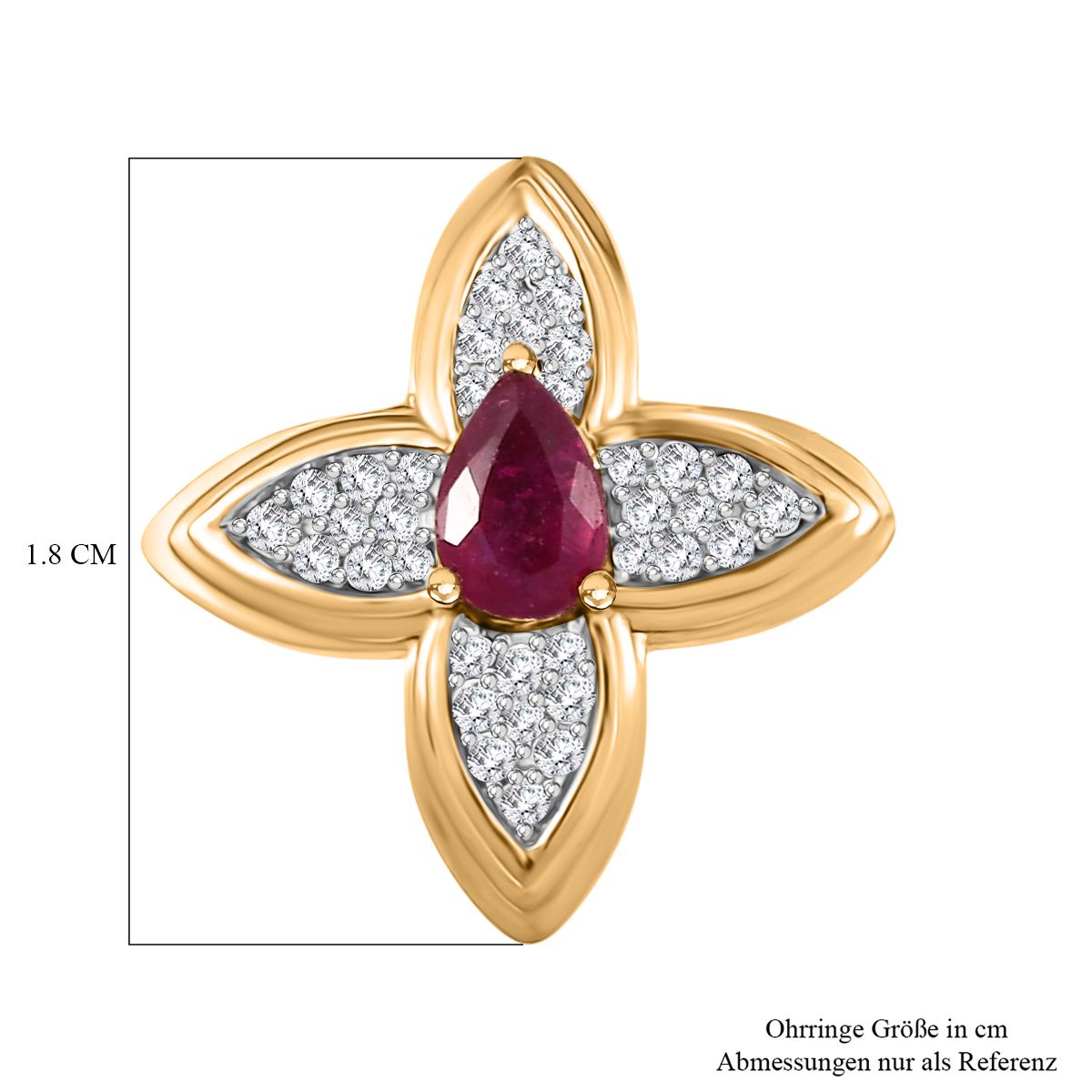 Garten der Kronjuwelen- D'joy Afrikanischer Rubin (Fissure gefüllt), Weißer Zirkon Ohrringe 925 Silber 750 Gelbgold Vermeil ca. 1.78 ct