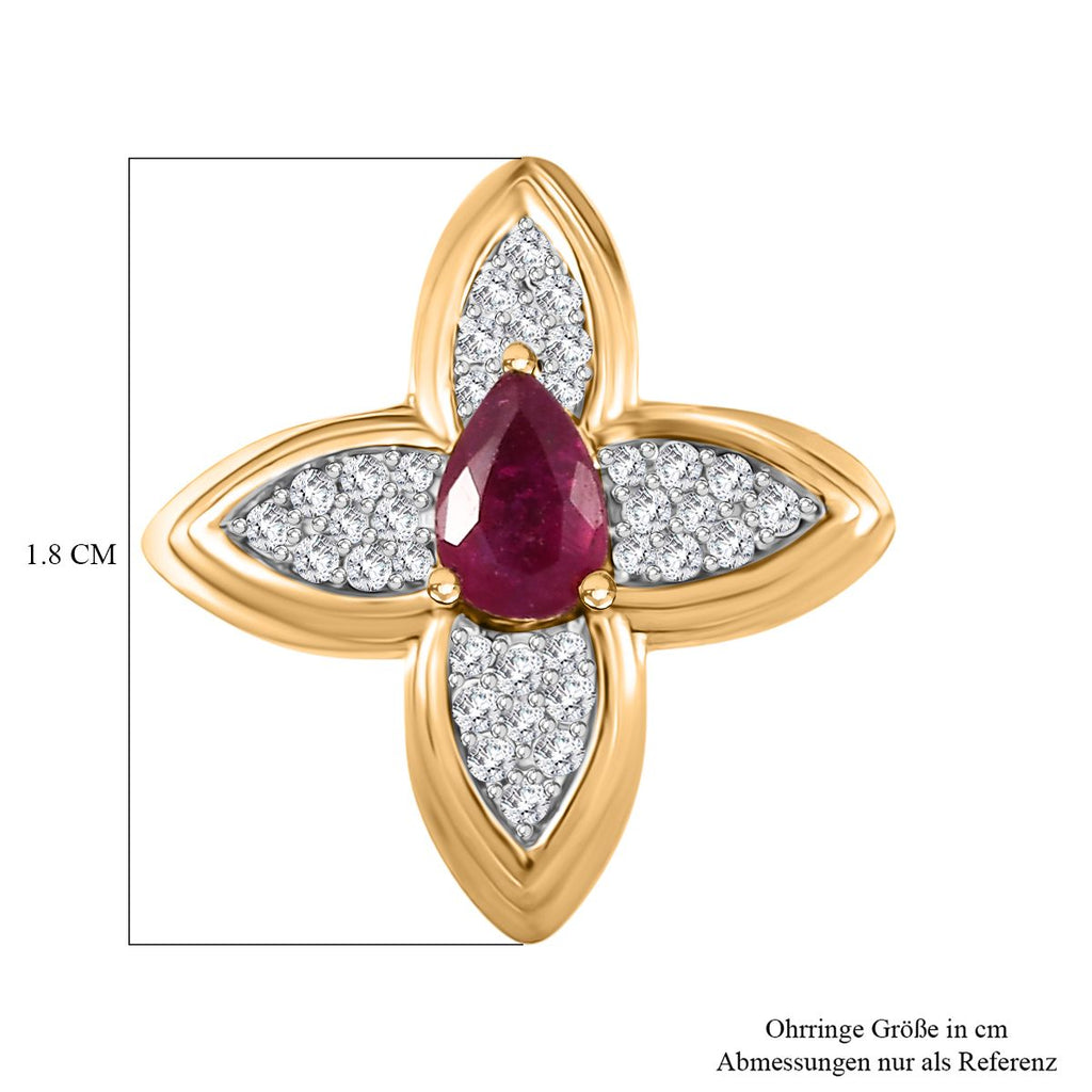 Garten der Kronjuwelen- D'joy Afrikanischer Rubin (Fissure gefüllt), Weißer Zirkon Ohrringe 925 Silber 750 Gelbgold Vermeil ca. 1.78 ct