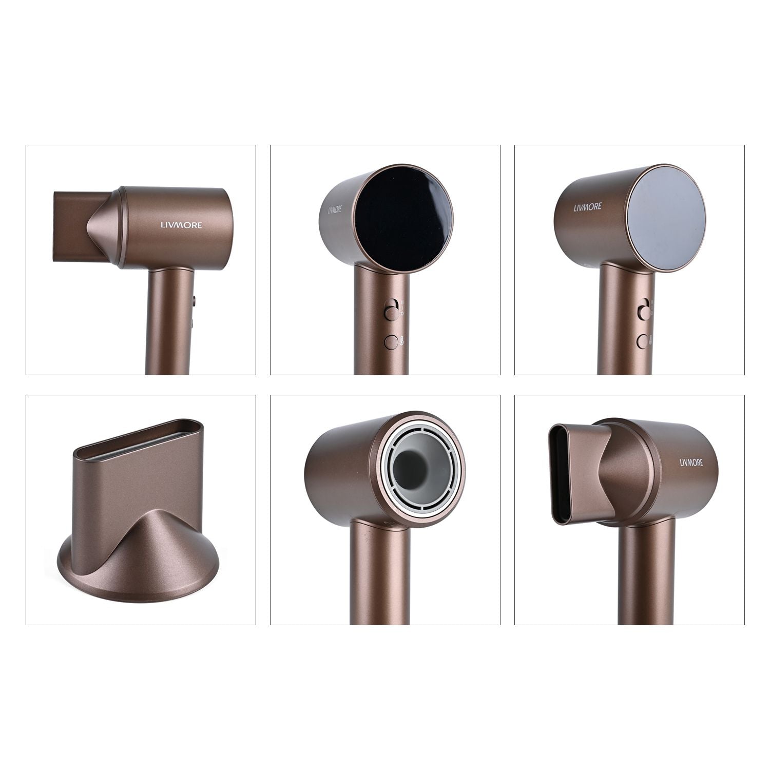 LIVMORE Haartrockner Hochgeschwindigkeit, bürstenloser Motor, 110000 U min, Ionen Technologie, 360 Grad Magnet Aufsatz, 4 Heizstufen 3 Geschwindigkeiten, LED Ring, VDE Stecker, 1,7m Kabel, 9,5x7,5x25cm