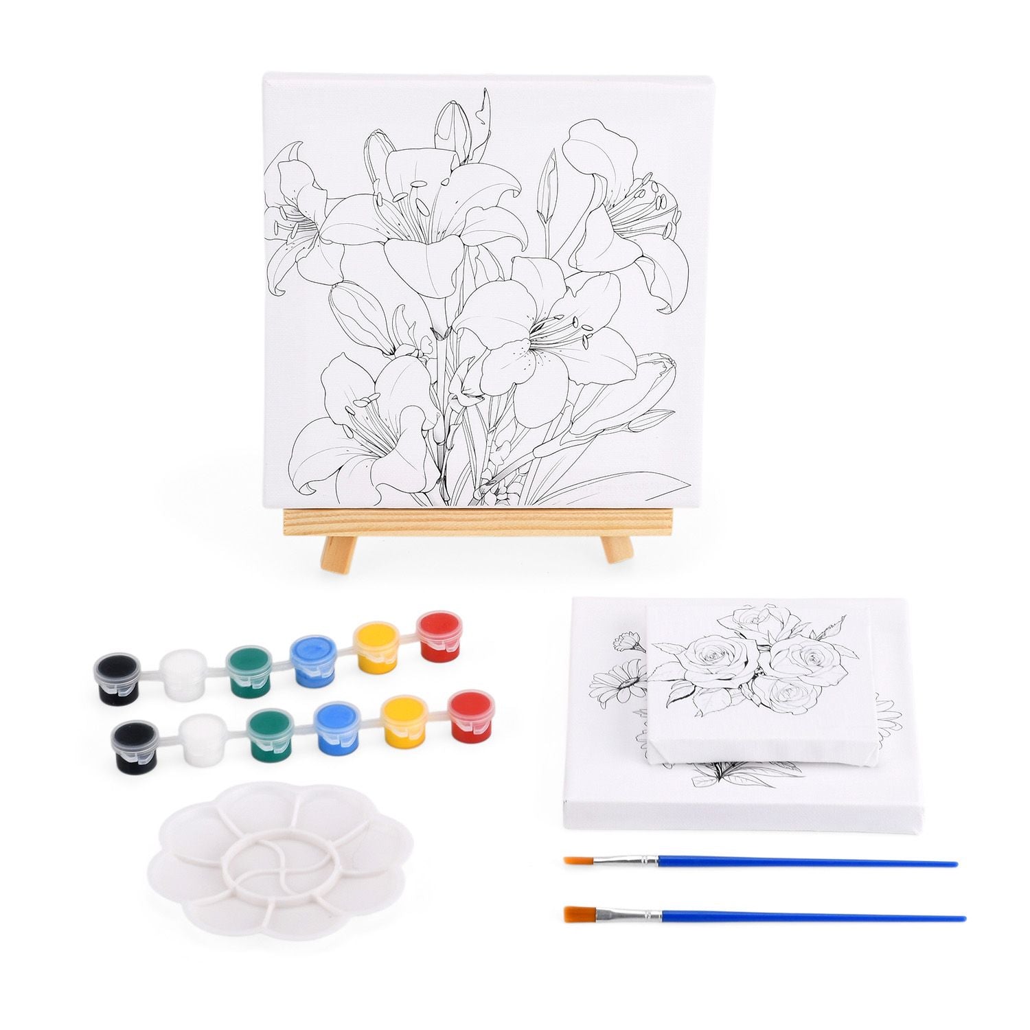 Leinwand-Malset - 3-teiliges Set mit Rosen-, Gänseblümchen- und Lilienmotiv, inklusive Farben, Mischpalette und Pinseln