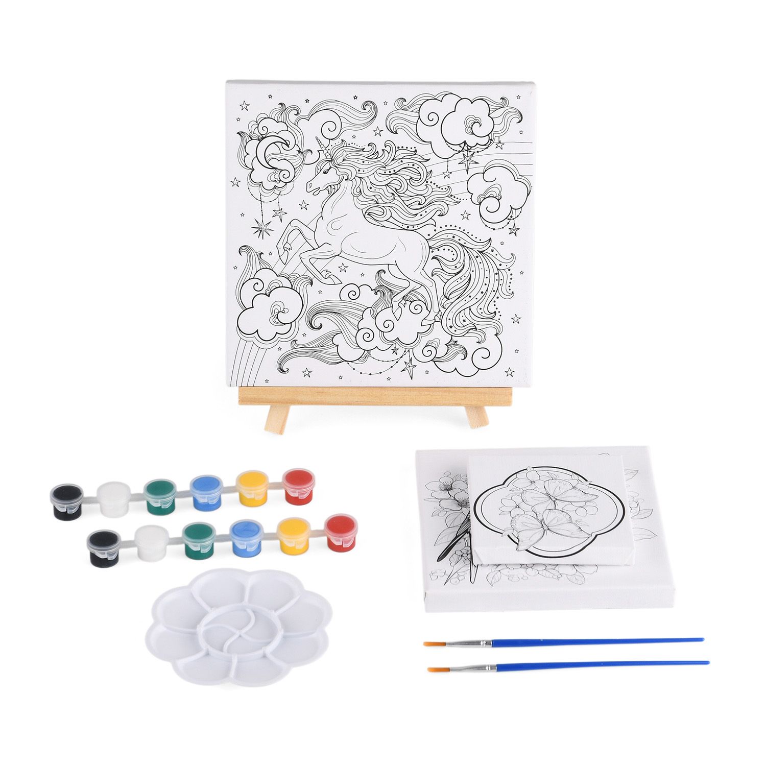 Leinwand-Malset - 3-teiliges Set mit Schmetterlings-, Elster- und Einhornmotiv, inklusive Farben, Mischpalette und Pinseln