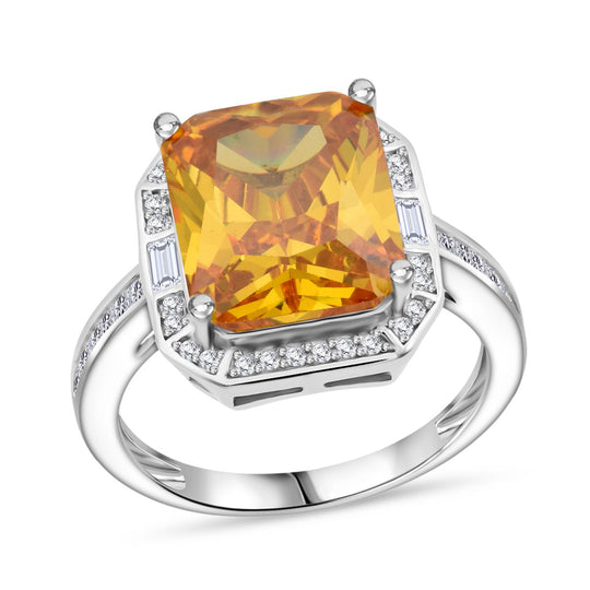 LUSTRO STELLA - Gelber saphir-farbener Zirkonia, Weißer Zirkonia Ring 925 Silber rhodiniert (Größe 20.00) 11.70 ct