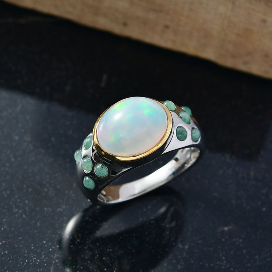 AA Natürlicher, äthiopischer Welo Opal, Smaragd Ring 925 Silber rhodiniert (Größe 18.00) ca. 2,89 ct