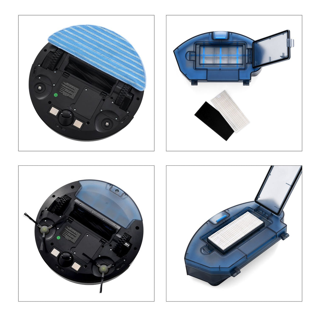 Saugroboter mit Wischfunktion, bürstenloser Motor, Saugkraft 2200 bis 3000 Pa, Gyro Navigation, 0.55 L Staubbehälter, 0.4 L Wassertank, TUYA WiFi App, 90 Minuten Laufzeit, unter 60 dB, Schwarz