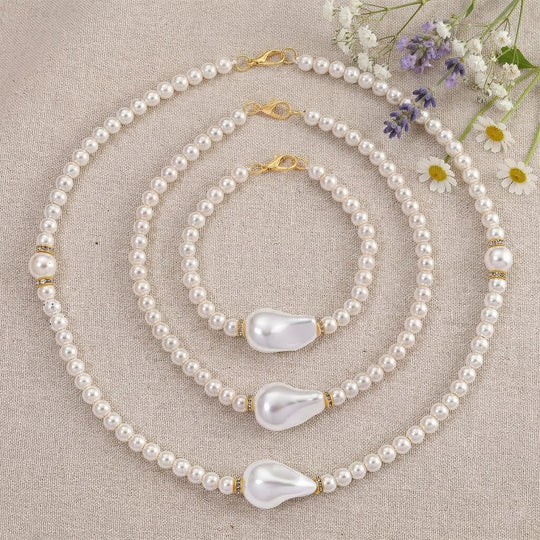 3er-Set Sleeping Beauty Türkisfarbe Muschelkernperle und weiße Kristall Armband 19cm und Halsketten 40cm und 50cm, Legierung vergoldet
