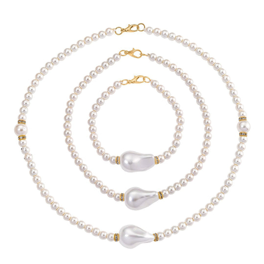 3er-Set Sleeping Beauty Türkisfarbe Muschelkernperle und weiße Kristall Armband 19cm und Halsketten 40cm und 50cm, Legierung vergoldet