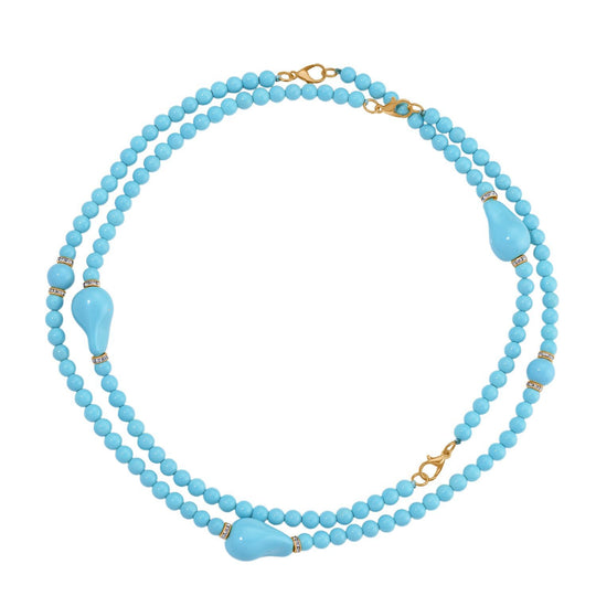 3er-Set Sleeping Beauty Türkisfarbe Muschelkernperle und weiße Kristall Armband 19cm und Halsketten 40cm und 50cm, Legierung vergoldet