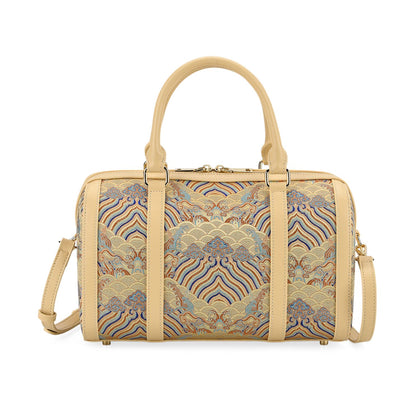 LA MAREY Signature - Seiden-Brokat Tasche mit Leder, 30x18x15 cm, Cognac