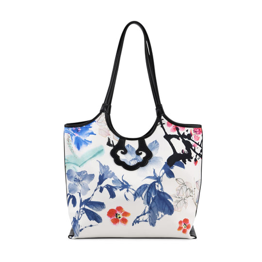 LA MAREY Signature Brokat Echtleder Schultertasche, 1 Außenfach und 2 Innenfächer, 34 x 35 x 11.5 cm, Blau mit pinken Akzenten