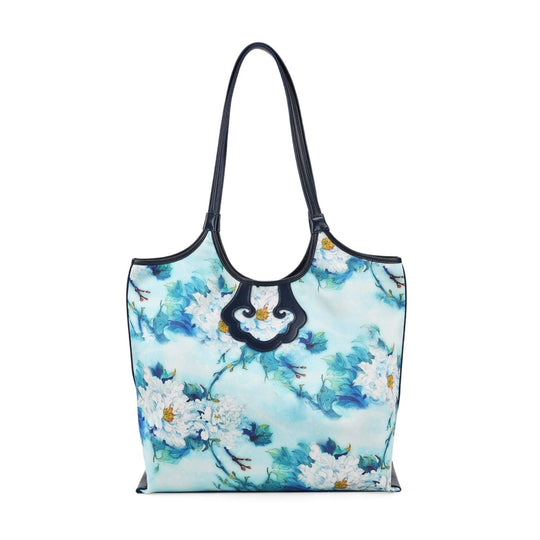 LA MAREY Signature Brokat Echtleder Schultertasche, 1 Außenfach und 2 Innenfächer, 34 x 35 x 11.5 cm, Blau mit pinken Akzenten