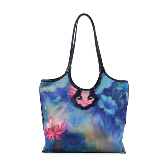 LA MAREY Signature Brokat Echtleder Schultertasche, 1 Außenfach und 2 Innenfächer, 34 x 35 x 11.5 cm, Blau mit pinken Akzenten