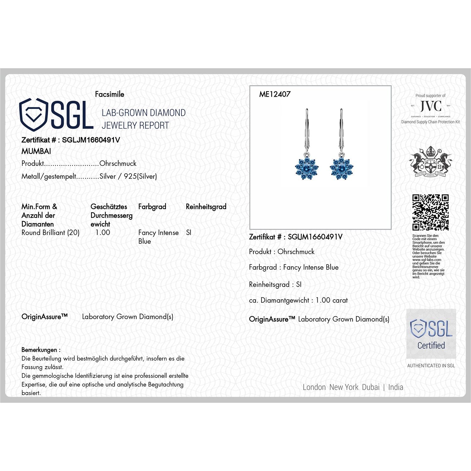 LUXURIANT DIAMOND - Lab Grown Blauer Diamant SI-GH SGL zertifiziert Ohrringe, 925 Silber rhodiniert ca. 1,00 ct.