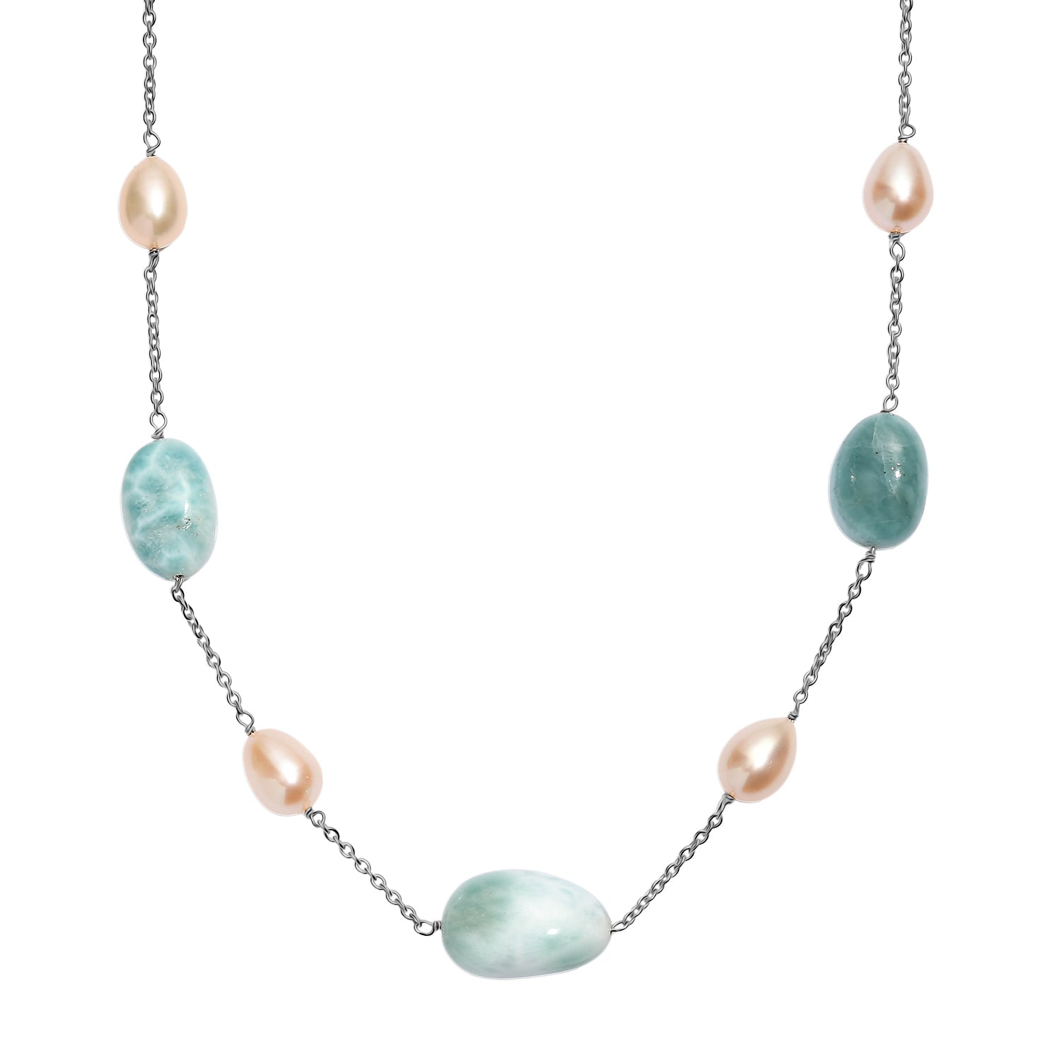 Larimar und Süßwasserperle Halskette, 50cm, 925 Silber rhodiniert