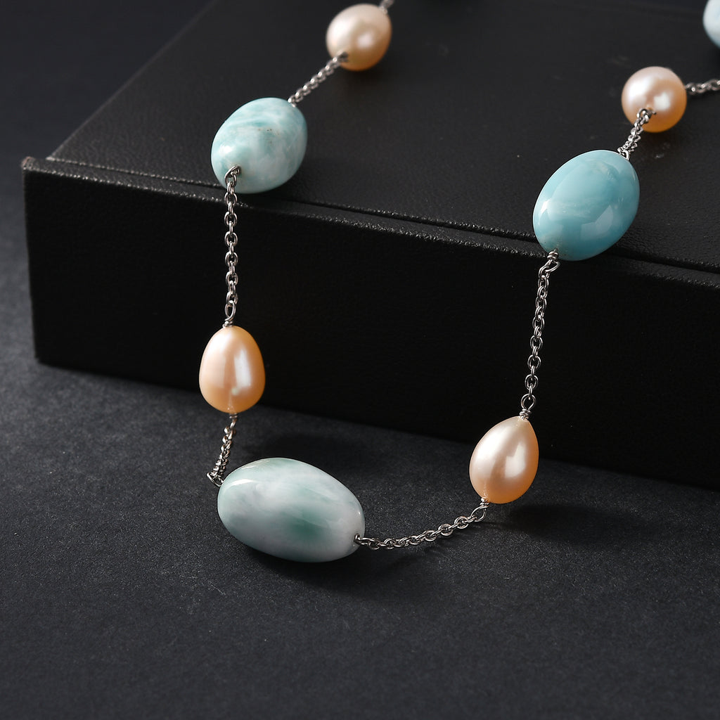Larimar, Süßwasser Perle Halskette ca. 50 cm 925 Silber rhodiniert