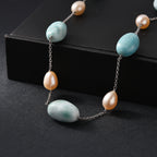 Larimar, Süßwasser Perle Halskette ca. 50 cm 925 Silber rhodiniert
