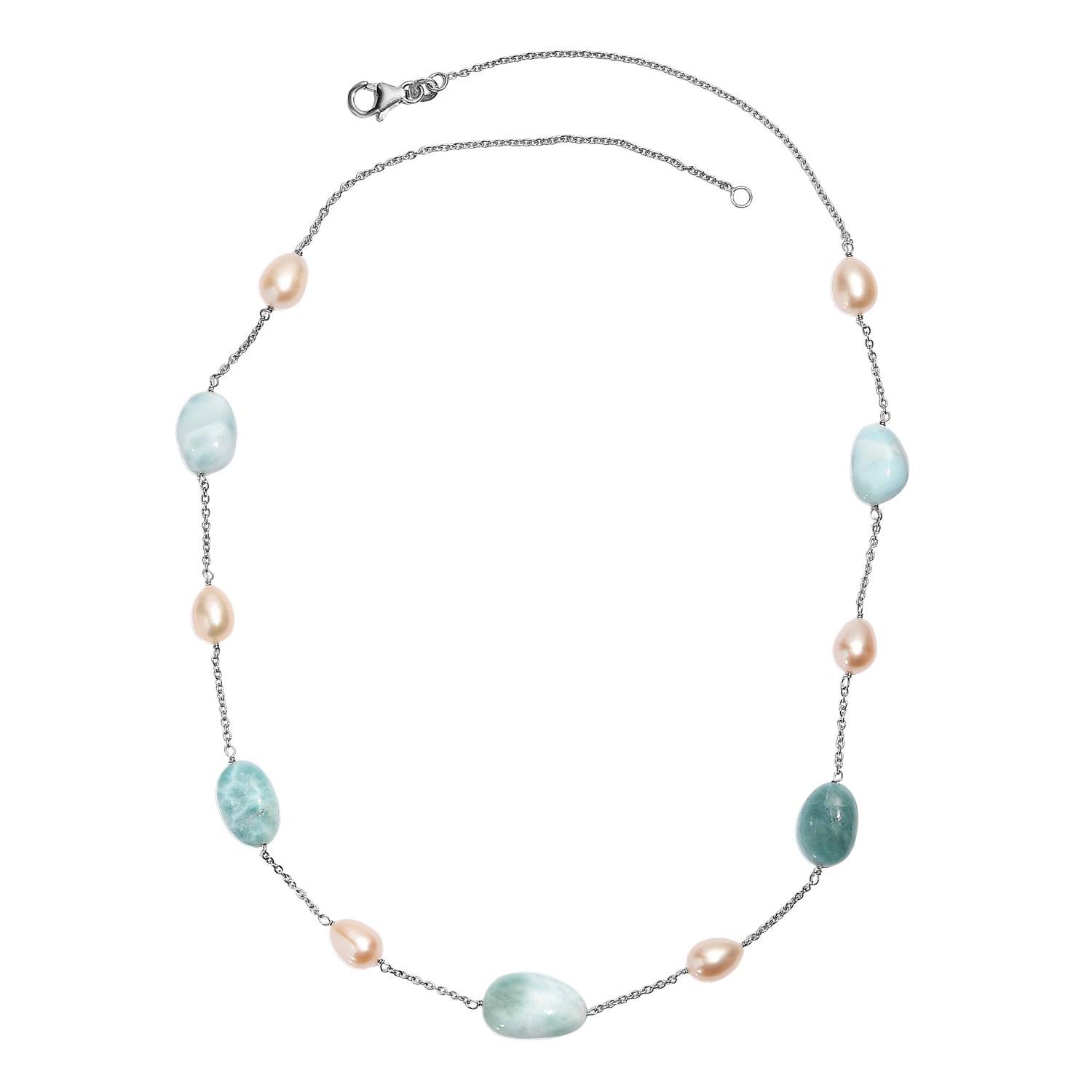 Larimar und Süßwasserperle Halskette, 50cm, 925 Silber rhodiniert